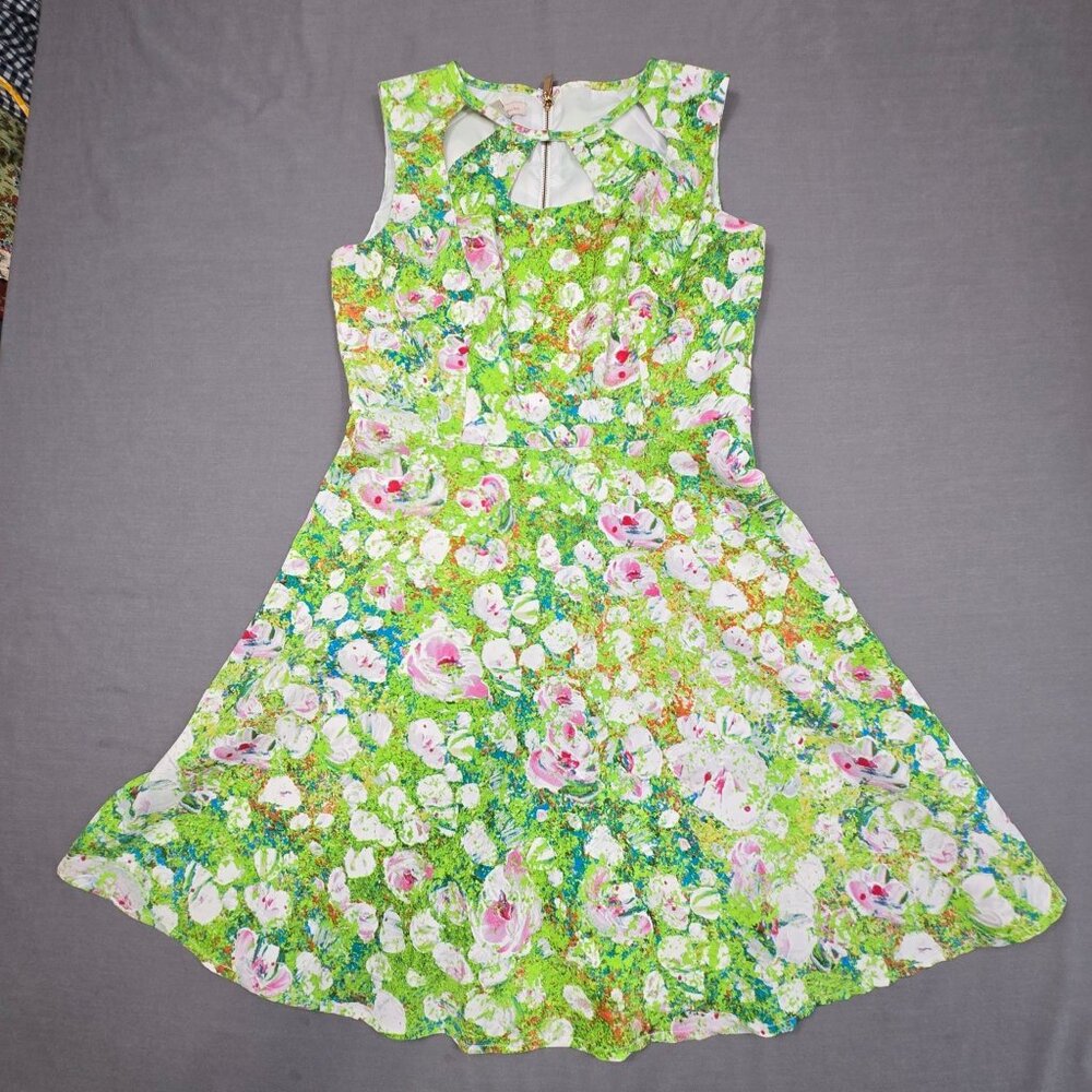 Floral Fit & Flare Size 8 Sleeveless Dress Keyhole Back Green & Pink